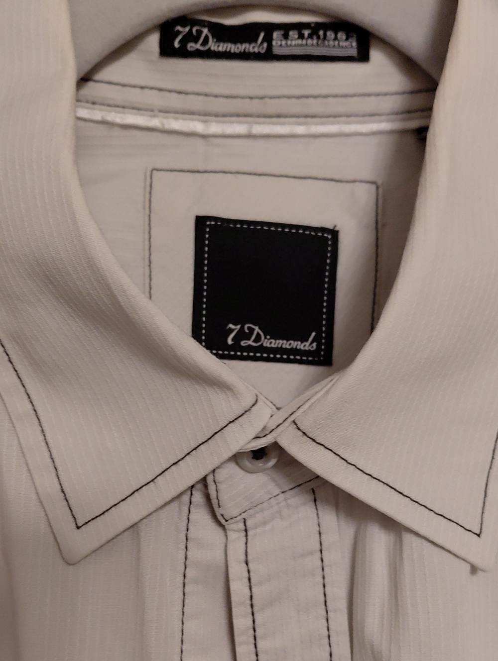 7 Diamonds White Men’s Button-Down Shirt with Black Contrast Stitching